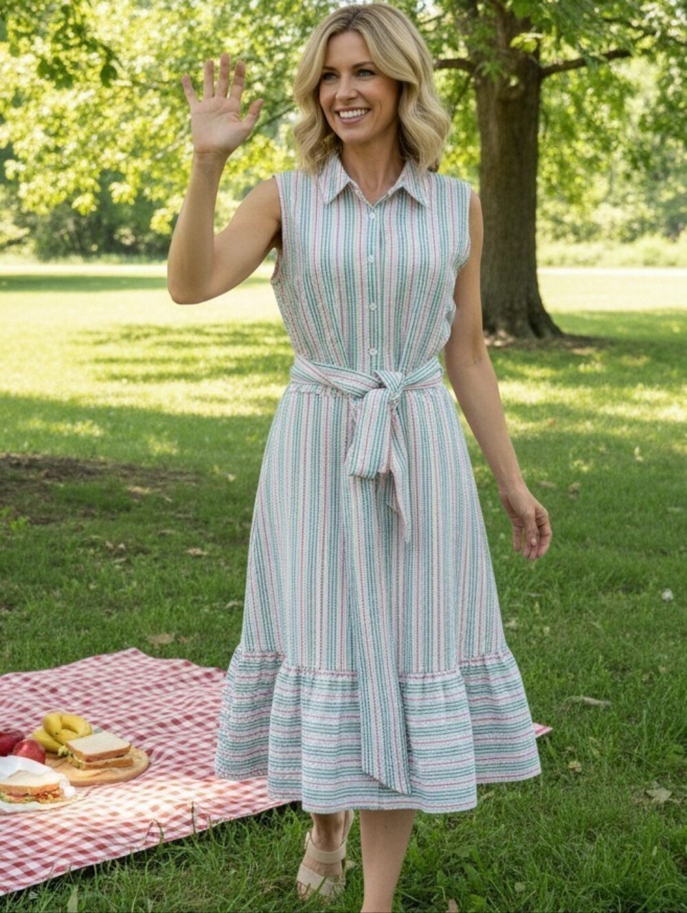 Jones New York Seersucker Sleeveless Shirtdress Sun Dress Belted Stripe Size XL